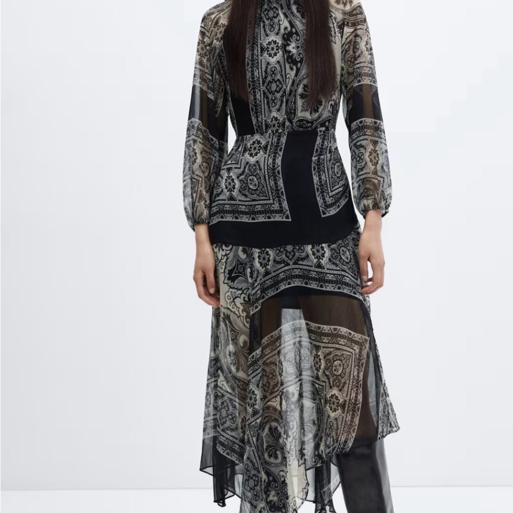 Mango Black and Cream Patterned Sheer Long-Sleeve Midi Dress